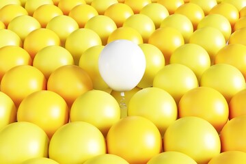 Outstanding White Color balloon floating among Yellow color balloon background. 3D Render. Selective focus.