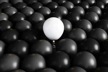 Close up Outstanding White Color balloon floating among Black color balloon background. 3D Render. Selective focus.