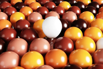 Outstanding Red Color balloon floating among White color balloon background. 3D Render. Selective focus.