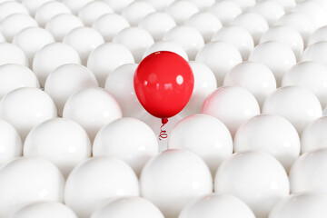 Outstanding Red Color balloon floating among White color balloon background. 3D Render. Selective focus.