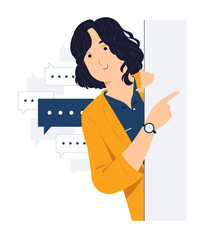 Concept illustration of Young Businesswoman standing behind a wall while peeking with curiosity, startled, shocked, Surprised, peeping, listening, discovery and Pay attention flat cartoon style