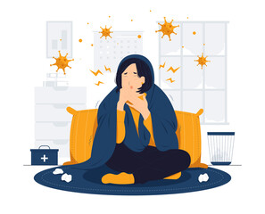 Concept illustration of Girl having a cold, cough and blowing her nose with tissue while lying sick in sofa with virus around flat cartoon style