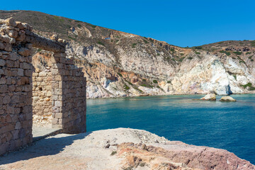 View of Firopotamos village at Milos island, Cyclades, Greece.