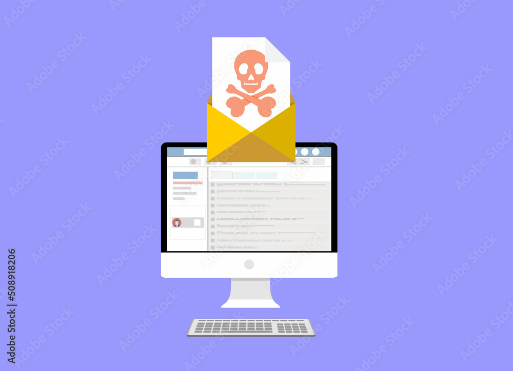 Aufkleber computer with envelope and skull on the screen. concept of virus, piracy, hacking and security. flat