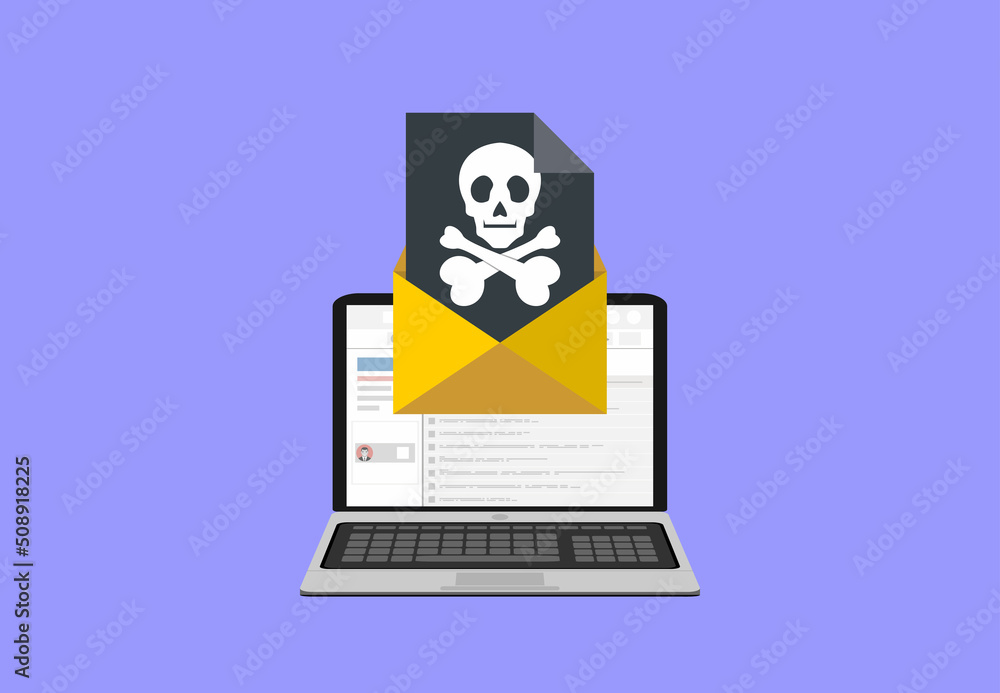Poster laptop with envelope and skull on the screen. concept of virus, piracy, hacking and security. flat v