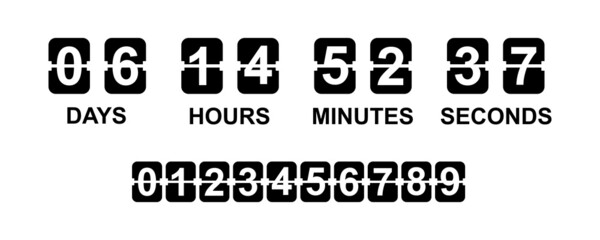 Countdown timer on white background. Countdown clock with numbers. Black old analog display.