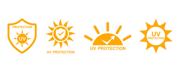Uv protection vector icons set. Protection from sun radiation and ultraviolet. Shield from sun. UV logo. - obrazy, fototapety, plakaty