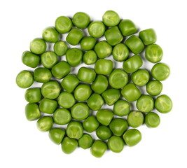 Fresh green peas pile isolated on white, top view