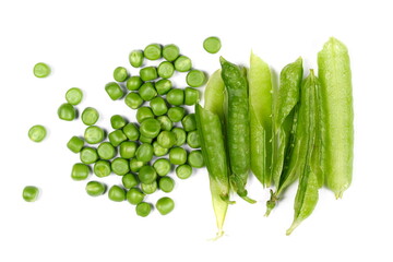  Fresh green peas with isolated on white, top view