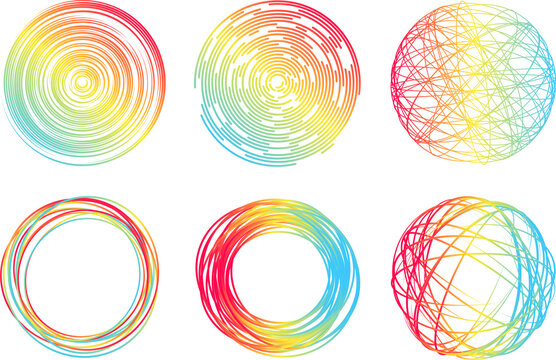 Colorful dashed random concentric line circles. Bright multicolored circles, spheres and round shapes. Color scribble line elements. Tangled background for creative color labels or vibrant frames.