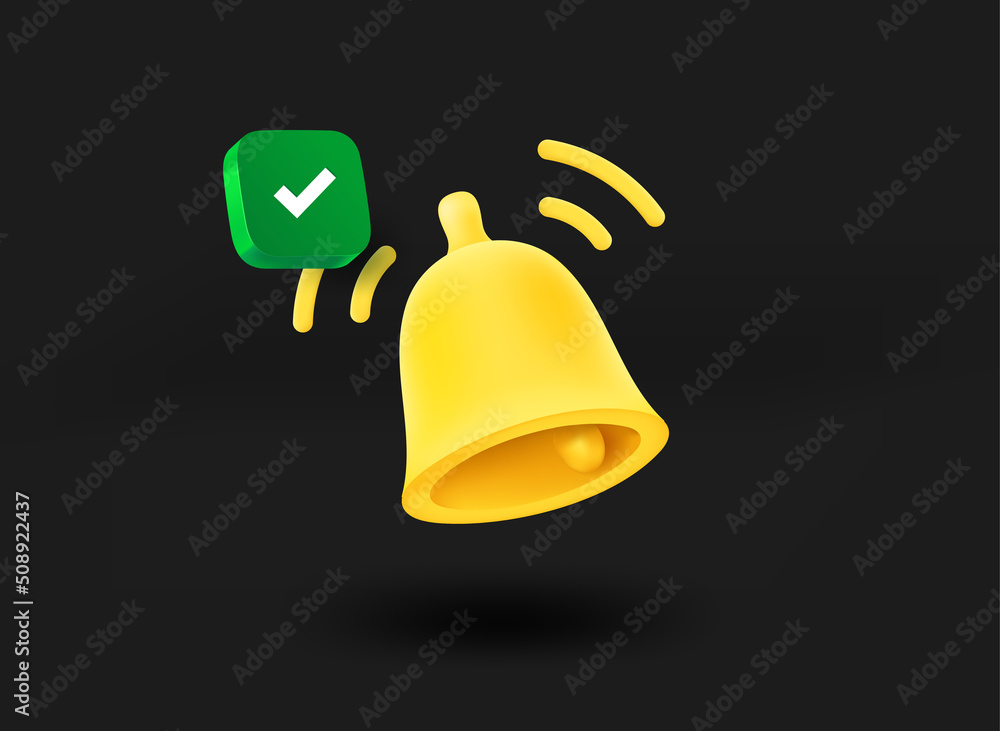 Poster ringing bell with checkmark icon. 3d vector illustration