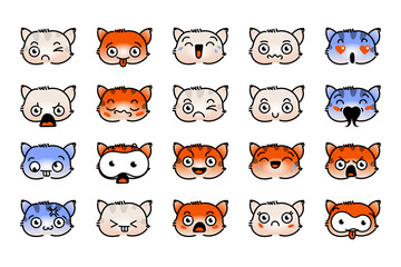 Various Cartoon Kitty Set. Doodle faces, eyes and mouth. Caricature comic expressive emotions, smiling, crying and surprised character face expressions