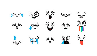 Various Cartoon Emoticons Set. Doodle faces, eyes and mouth. Caricature comic expressive emotions, smiling, crying and surprised character face expressions