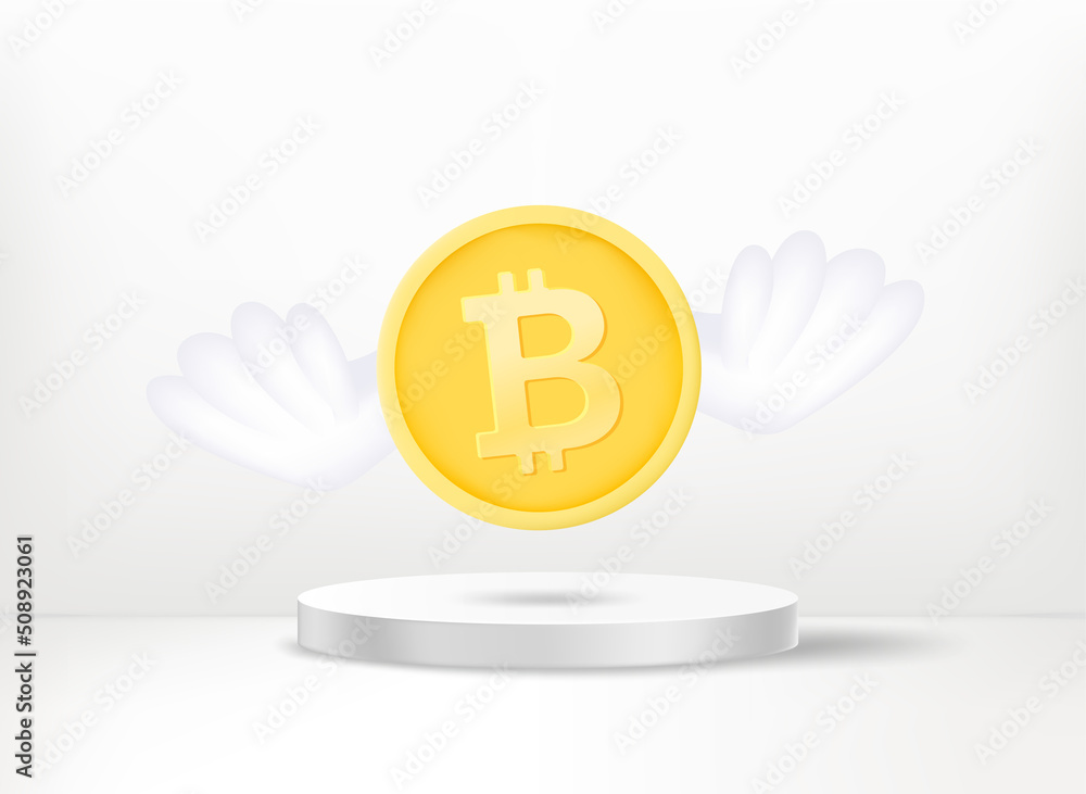 Poster flying bitcoin coins with the wings above the stage. 3d vector concept