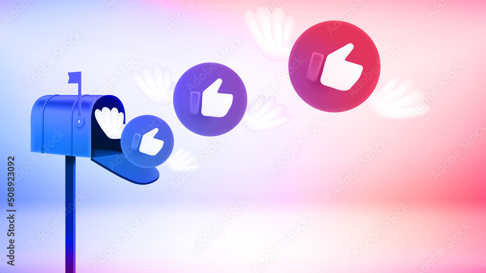 Poster thumbs up icons flying to the mail box. 3d vector banner with copy space