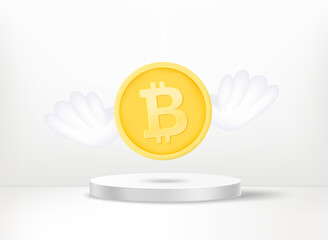 Flying bitcoin coins with the wings above the stage. 3d vector concept