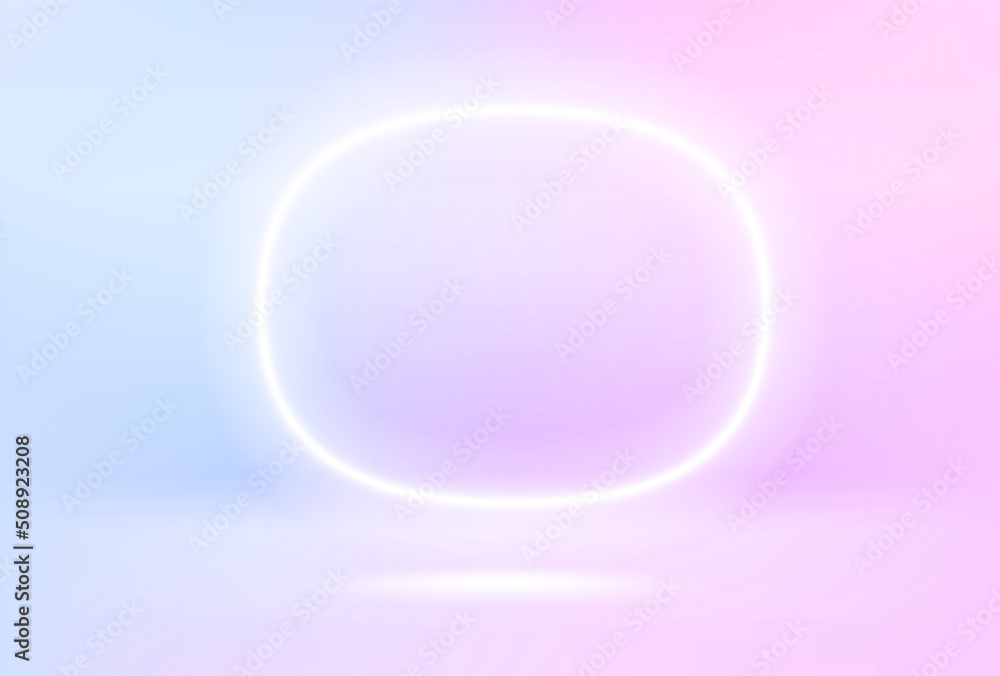 Poster illuminated room with round vivid neon light. realistic vector 3d illustration