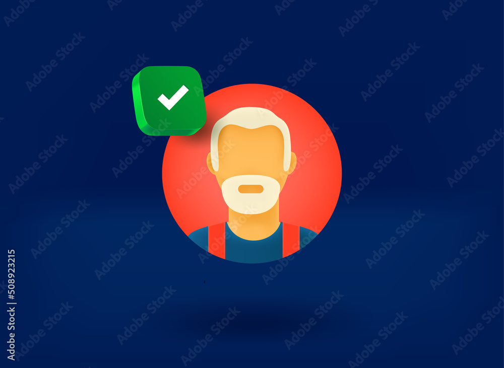 Poster old man avatar with checkmark icon. 3d vector illustration