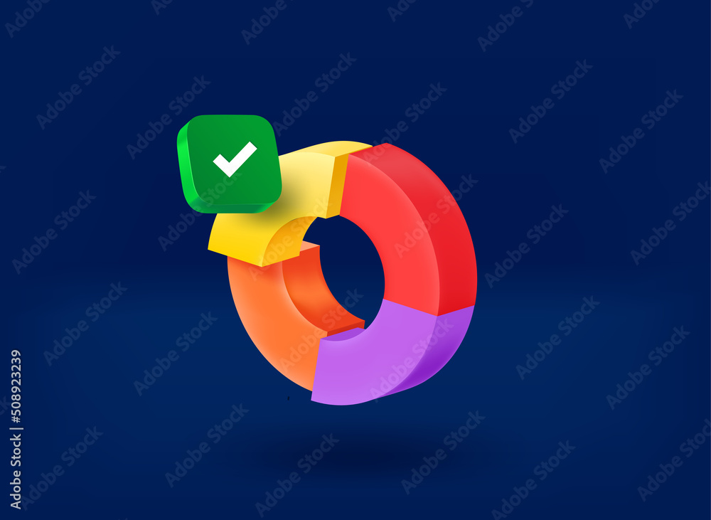 Poster pie chart with checkmark icon. 3d vector illustration