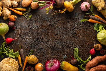 Food frame of raw Vegetables and root vegetables on textured background. Autumn harvest. Healthy food and vegetarian concept.