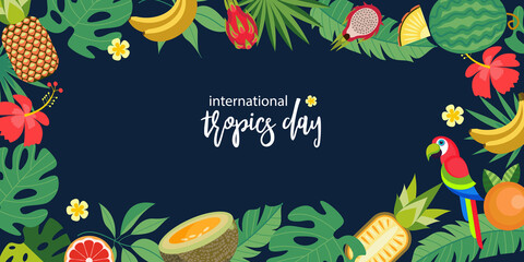 International Day of the Tropics. Colorful vector illustration with green tropical plants and bright exotic flowers. - 508923248