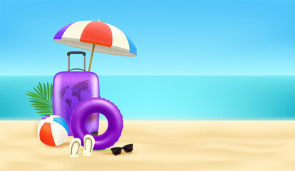 Summer illustration with vacation elements. Horizontal banner with copy space