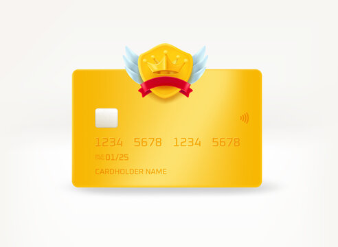 Plastic Premium Banking Card With Crown Label. 3d Vector Illustration