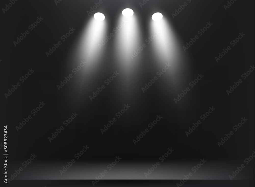 Aufkleber dark illuminated studio with bright projectors. 3d vector illustration