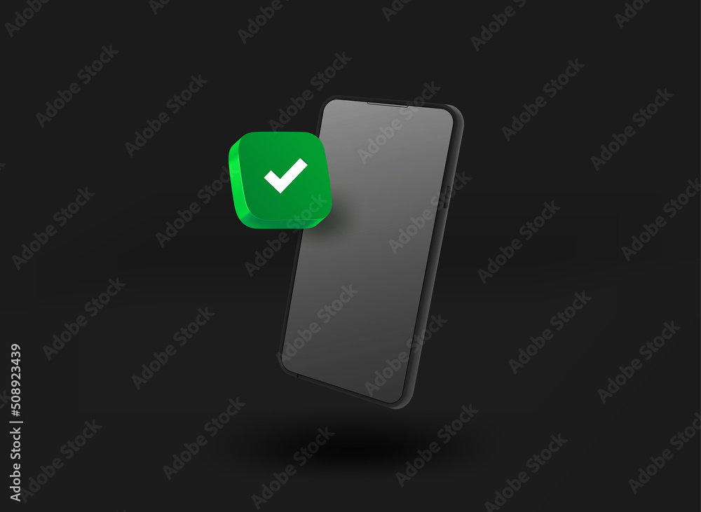Poster black smartphone with checkmark icon. 3d vector illustration