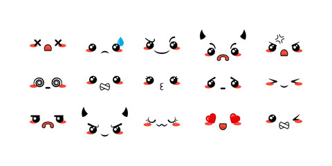 Various Cartoon Emoticons Set. Doodle faces, eyes and mouth. Caricature comic expressive emotions, smiling, crying and surprised character face expressions