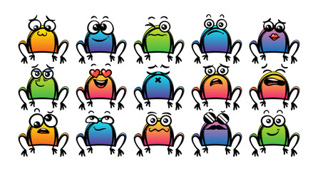 Various Cartoon Toads Set. Doodle faces, eyes and mouth. Caricature comic expressive emotions, smiling, crying and surprised character face expressions