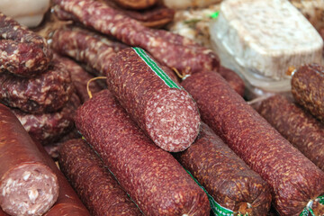 A variety of sausages on display. Sunday farmers market. Natural products from Estonian farmers.