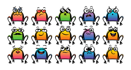 Various Cartoon Toads Set. Doodle faces, eyes and mouth. Caricature comic expressive emotions, smiling, crying and surprised character face expressions