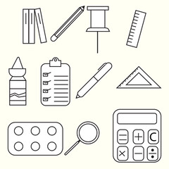 stationery icons book, pen, pencil, ruler, scale, gum, notepad, color palette, magnifying glass, calculator