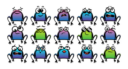 Various Cartoon Toads Set. Doodle faces, eyes and mouth. Caricature comic expressive emotions, smiling, crying and surprised character face expressions