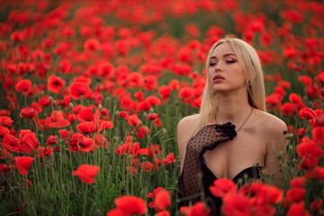 Naklejka premium portrait of a beautiful blonde woman in a straw hat at sunset on a poppy field