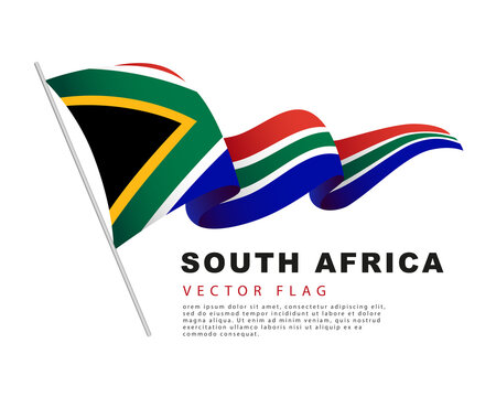 The flag of South Africa hangs on a flagpole and flutters in the wind. Vector illustration isolated on white background.