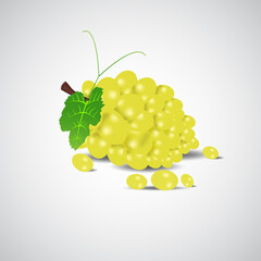 Green grapes with leaves isolated on white  background,