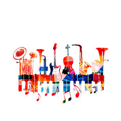 Colorful musical instruments bundle with musical notes isolated vector illustration. Instruments collection poster for live concert events, music festivals and shows, performances, party flyer  © abstract