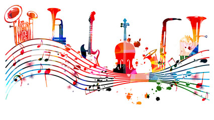  Colorful musical instruments bundle with musical notes isolated vector illustration. Instruments collection poster for live concert events, music festivals and shows, performances, party flyer  © abstract