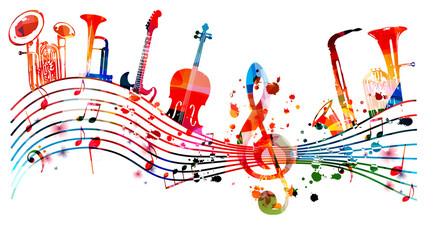  Colorful musical instruments bundle with musical notes and clef isolated vector illustration. Instruments collection poster for live concert events, music festivals, shows, performances, party flyer  © abstract