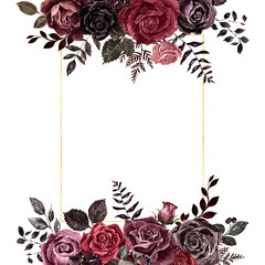 Floral border made in vintage Victorian goth style. Watercolor burgundy, red, maroon, and black roses frame with space for text. Halloween invitation template.
