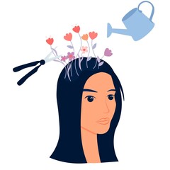 Psychological therapy vector stock illustration. The concept of psychiatric care. A watering can waters the flowers in my head, scissors cut off thoughts. Self-care, healthy lifestyle. The help of a p