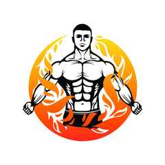Bodybuilder with fire circle logo