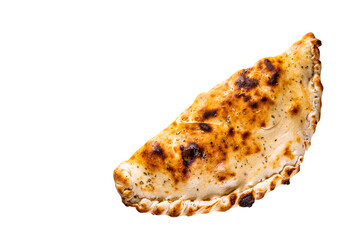 calzone pizza with meat, vegetables and cheese on a white background