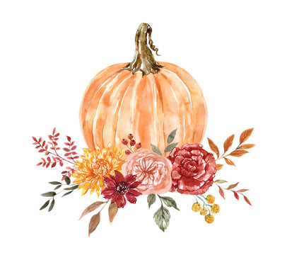 Beautiful Watercolor Floral Pumpkin Arrangement. Orange Gourd With Yellow, Rust, And Red Fall Flowers And Leaves, Isolated On White Background. Thanksgiving Bouquet. Harvest Invitation Template.