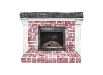 Watercolor fireplace. Hand painted holiday illustration with interior objects isolated on white background for design, print, fabric or background.