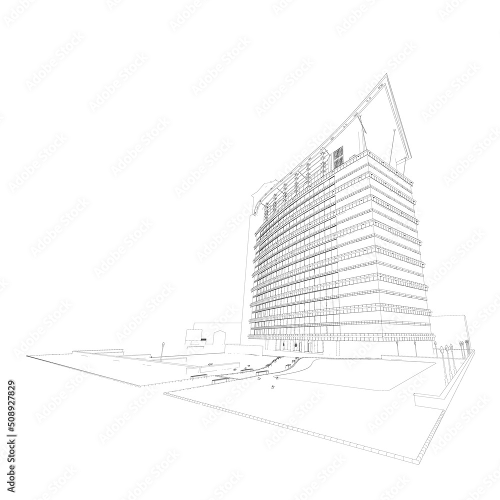 Poster the contour of a modern multi-storey building from black lines isolated on a white background. persp