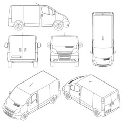 Set with outlines of a van from black lines isolated on a white background. Front view, isometric. side, top, back. Vector illustration. - obrazy, fototapety, plakaty