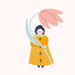 Stylish illustration, postcard, print with a girl in a dress holding a large tulip. Vector design.